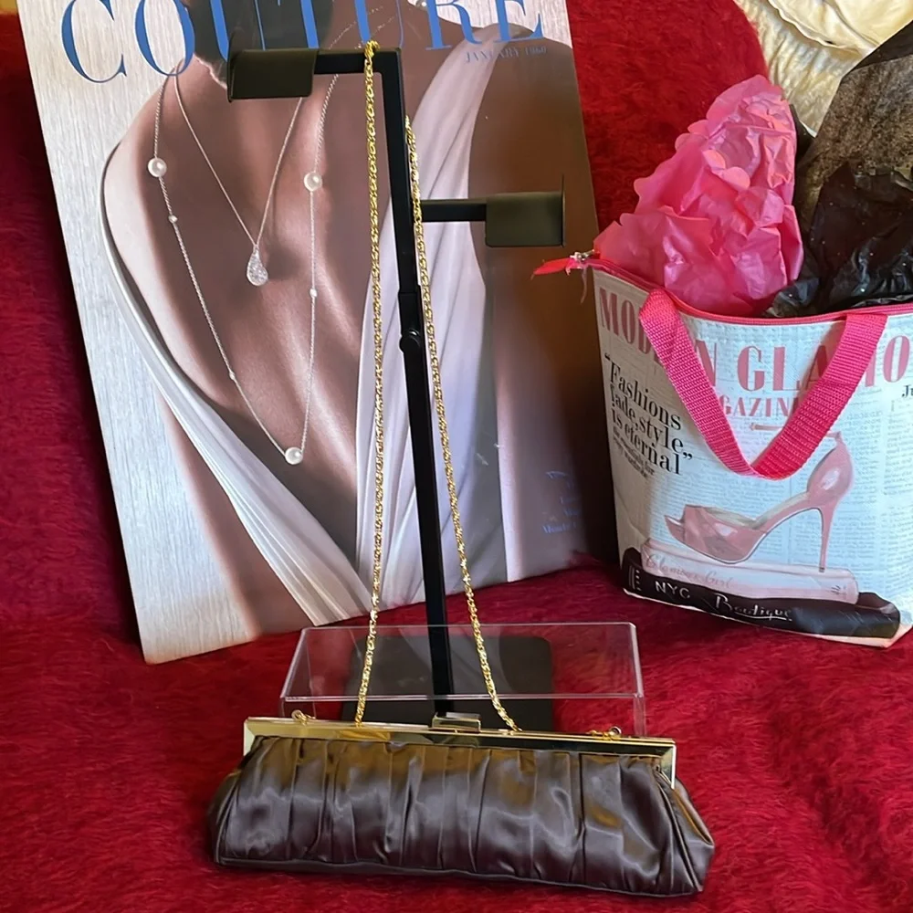 Cache Brown & Gold Satin Clutch Crossbody with Gold Chain purse bag